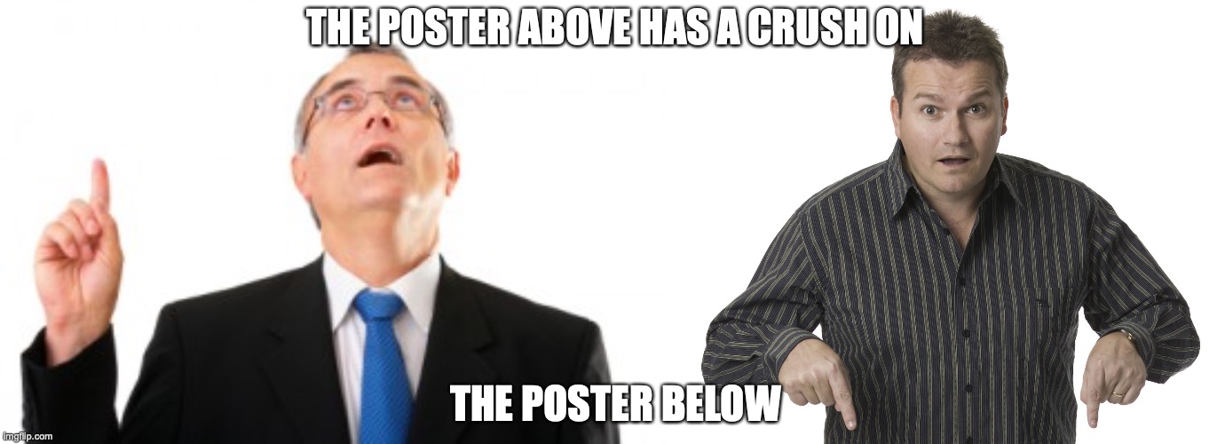 chaos | THE POSTER ABOVE HAS A CRUSH ON; THE POSTER BELOW | image tagged in man pointing up,pointing down disbelief | made w/ Imgflip meme maker