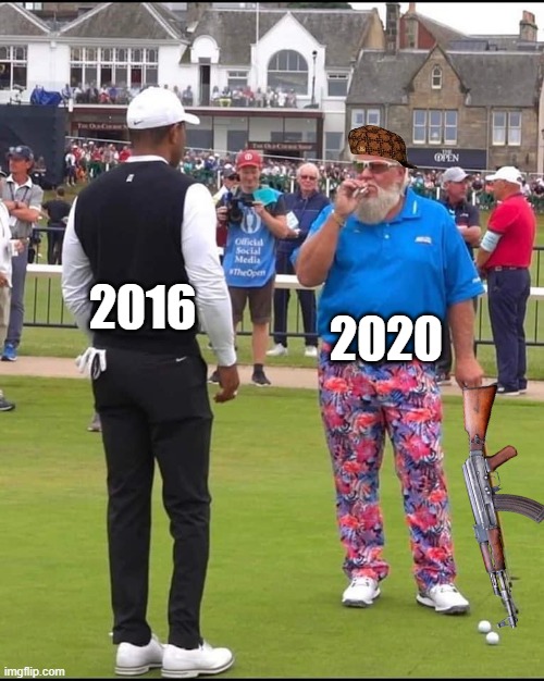 John Daly and Tiger Woods | 2020; 2016 | image tagged in john daly and tiger woods | made w/ Imgflip meme maker