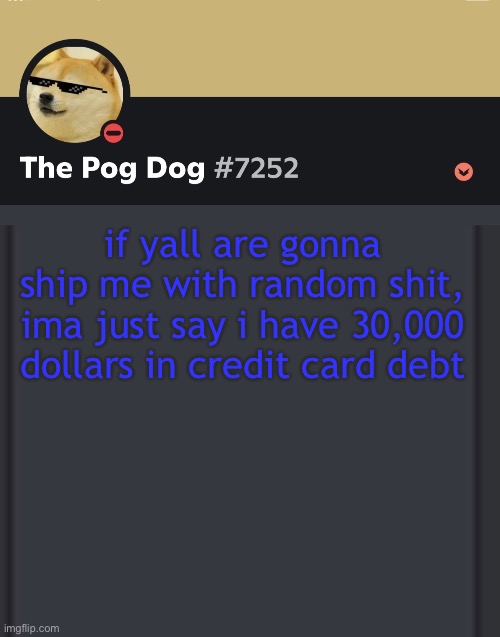 epic doggos epic discord temp | if yall are gonna ship me with random shit, ima just say i have 30,000 dollars in credit card debt | image tagged in epic doggos epic discord temp | made w/ Imgflip meme maker