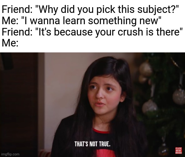 Is anyone relatable with this?? | Friend: "Why did you pick this subject?"
Me: "I wanna learn something new"
Friend: "It's because your crush is there"
Me: | image tagged in that's not true,memes,relatable,crush,school | made w/ Imgflip meme maker