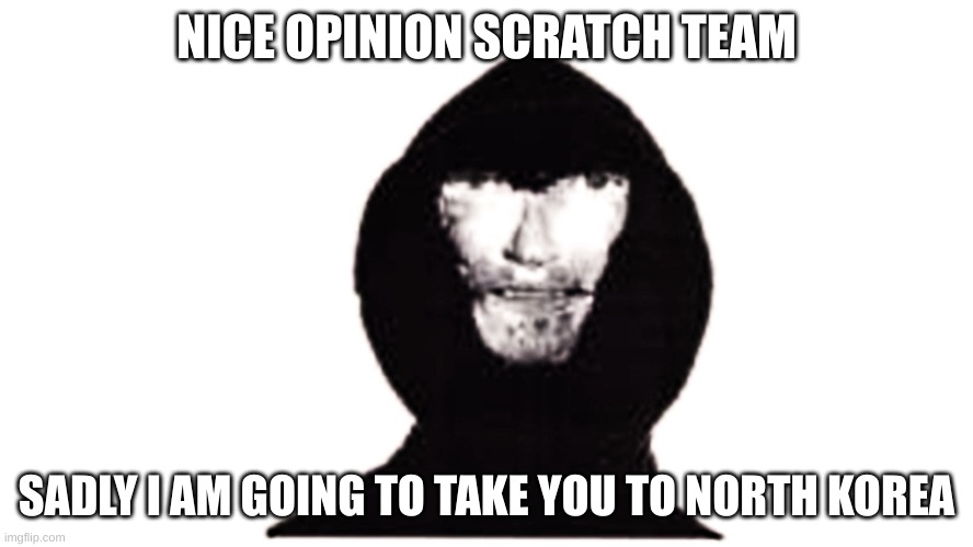 nice opinion | NICE OPINION SCRATCH TEAM SADLY I AM GOING TO TAKE YOU TO NORTH KOREA | image tagged in nice opinion | made w/ Imgflip meme maker