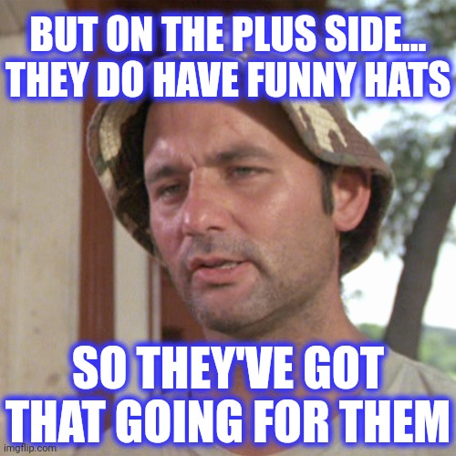 So I’ve got that going for me which is nice | BUT ON THE PLUS SIDE... THEY DO HAVE FUNNY HATS SO THEY'VE GOT THAT GOING FOR THEM | image tagged in so i ve got that going for me which is nice | made w/ Imgflip meme maker