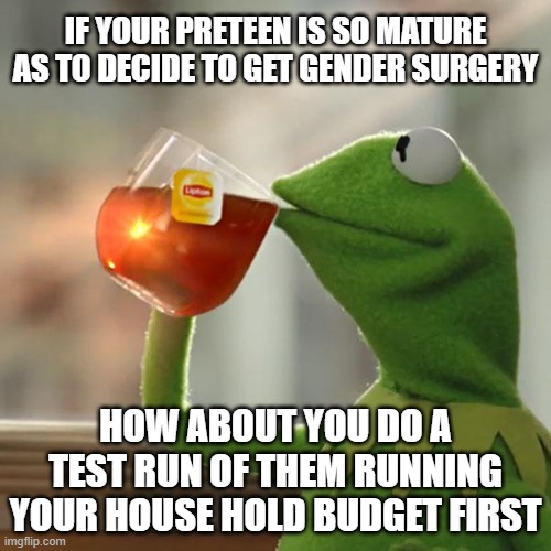 Gender surgery |  IF YOUR PRETEEN IS SO MATURE AS TO DECIDE TO GET GENDER SURGERY; HOW ABOUT YOU DO A TEST RUN OF THEM RUNNING YOUR HOUSE HOLD BUDGET FIRST | image tagged in memes,but that's none of my business,kermit the frog | made w/ Imgflip meme maker