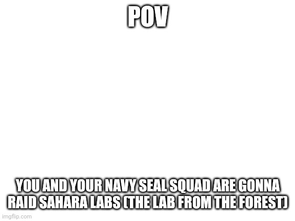 If you know the lore of it then concrats. Rules: Bambi OCS are ok just no joke rp and you need 3 OCS for this rp | POV; YOU AND YOUR NAVY SEAL SQUAD ARE GONNA RAID SAHARA LABS (THE LAB FROM THE FOREST) | image tagged in blank white template | made w/ Imgflip meme maker