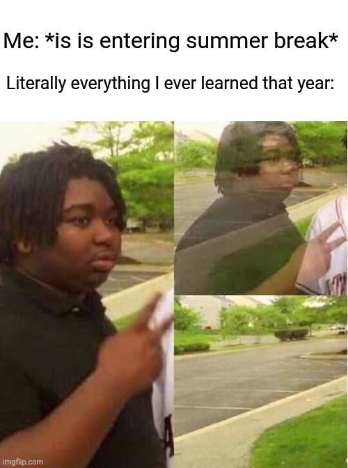 disappearing  | Me: *is is entering summer break*; Literally everything I ever learned that year: | image tagged in disappearing | made w/ Imgflip meme maker