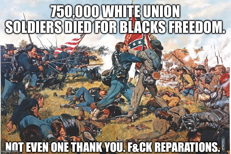 750,000 WHITE UNION SOLDIERS DIED FOR BLACKS FREEDOM. NOT EVEN ONE THANK YOU. F&CK REPARATIONS. | made w/ Imgflip meme maker