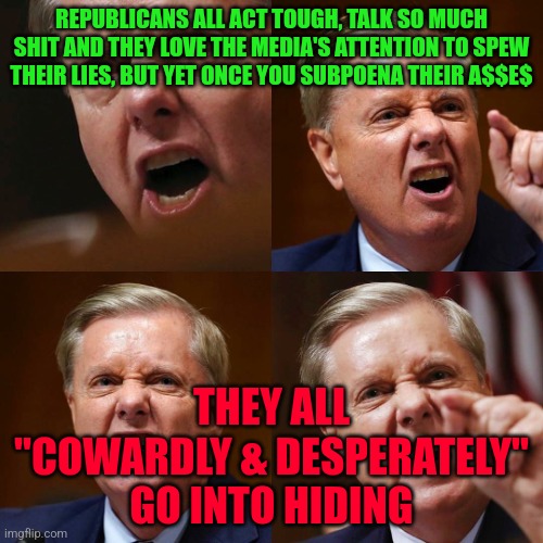 Lindsey Graham angry face | REPUBLICANS ALL ACT TOUGH, TALK SO MUCH SHIT AND THEY LOVE THE MEDIA'S ATTENTION TO SPEW THEIR LIES, BUT YET ONCE YOU SUBPOENA THEIR A$$E$; THEY ALL "COWARDLY & DESPERATELY" GO INTO HIDING | image tagged in lindsey graham angry face | made w/ Imgflip meme maker