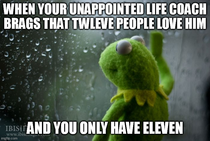 kermit window | WHEN YOUR UNAPPOINTED LIFE COACH
BRAGS THAT TWLEVE PEOPLE LOVE HIM; AND YOU ONLY HAVE ELEVEN | image tagged in kermit window,shitty friends | made w/ Imgflip meme maker