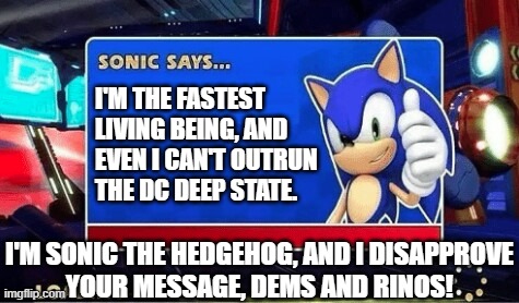 Nothing more libertarian than a freedom-loving, faster-than-light blue hedgehog! | I'M THE FASTEST LIVING BEING, AND EVEN I CAN'T OUTRUN THE DC DEEP STATE. I'M SONIC THE HEDGEHOG, AND I DISAPPROVE
YOUR MESSAGE, DEMS AND RINOS! | image tagged in sonic says,democrats,washington dc,rinos,deep state,memes | made w/ Imgflip meme maker
