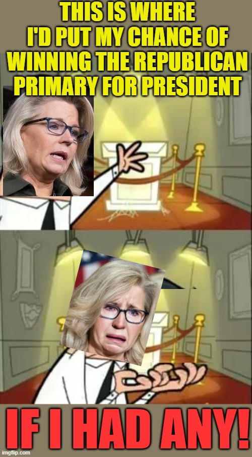 49,000 Democrats can't be wrong! | THIS IS WHERE I'D PUT MY CHANCE OF WINNING THE REPUBLICAN PRIMARY FOR PRESIDENT; IF I HAD ANY! | image tagged in memes,this is where i'd put my trophy if i had one,liz cheney,presidential election,election 2024 | made w/ Imgflip meme maker