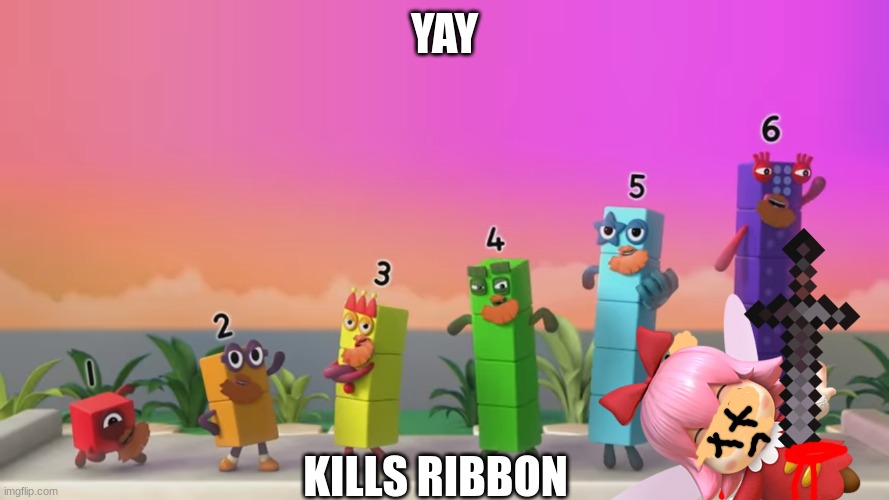 kills ribbon | YAY; KILLS RIBBON | image tagged in bearded numberblocks,ribbon,kirby,numberblocks,artwork | made w/ Imgflip meme maker