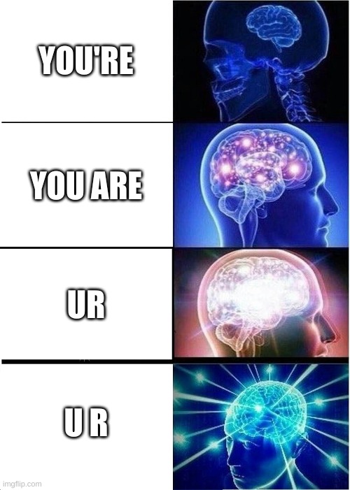 Your | YOU'RE; YOU ARE; UR; U R | image tagged in memes,expanding brain | made w/ Imgflip meme maker