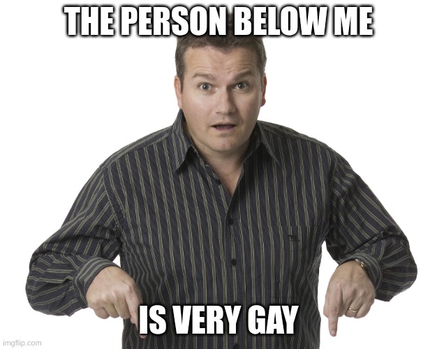 Pointing Down Disbelief | THE PERSON BELOW ME; IS VERY GAY | image tagged in pointing down disbelief | made w/ Imgflip meme maker
