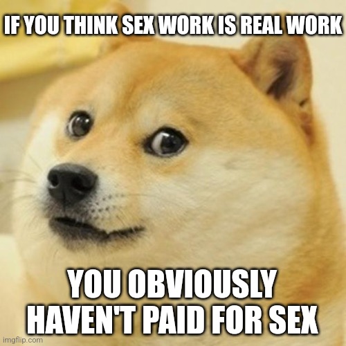 Doge Meme | IF YOU THINK SEX WORK IS REAL WORK; YOU OBVIOUSLY HAVEN'T PAID FOR SEX | image tagged in memes,doge | made w/ Imgflip meme maker