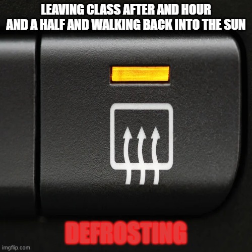 I'm thawing out rn | LEAVING CLASS AFTER AND HOUR AND A HALF AND WALKING BACK INTO THE SUN; DEFROSTING | image tagged in relatable,funny,school | made w/ Imgflip meme maker