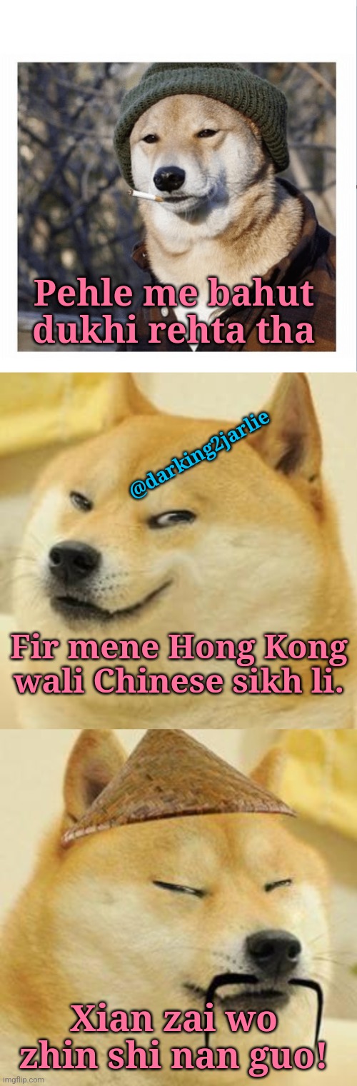 Dios mios! | Pehle me bahut dukhi rehta tha; @darking2jarlie; Fir mene Hong Kong wali Chinese sikh li. Xian zai wo zhin shi nan guo! | image tagged in asian doge,india,taiwan,hong kong,indians,doge | made w/ Imgflip meme maker