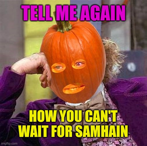What The Samhain? | TELL ME AGAIN; HOW YOU CAN'T WAIT FOR SAMHAIN | image tagged in condescending pumpkin,creepy condescending wonka,pumpkin,halloween is coming,halloween | made w/ Imgflip meme maker