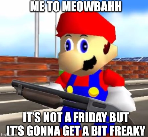 The fnf reference text was made by MopMan I think. It’s in the Roblox stream. | ME TO MEOWBAHH; IT’S NOT A FRIDAY BUT IT’S GONNA GET A BIT FREAKY | image tagged in smg4 shotgun mario,memes,funny,so true memes,stop reading the tags,how many people read these if you do comments borgir | made w/ Imgflip meme maker