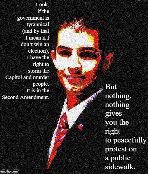 Modern Protest Theory with College Conservative | But nothing, nothing gives you the right to peacefully protest on a public sidewalk. Look, if the government is tyrannical (and by that I mean if I don’t win an election), I have the right to storm the Capitol and murder people. It is in the Second Amendment. | image tagged in college conservative deep-fried 1 | made w/ Imgflip meme maker