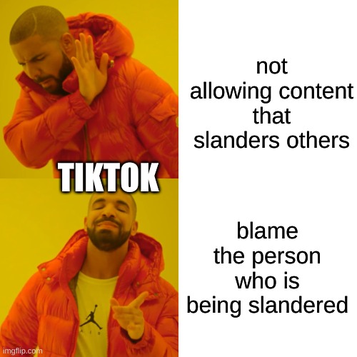Drake Hotline Bling Meme | not allowing content that slanders others; TIKTOK; blame the person who is being slandered | image tagged in memes,drake hotline bling | made w/ Imgflip meme maker