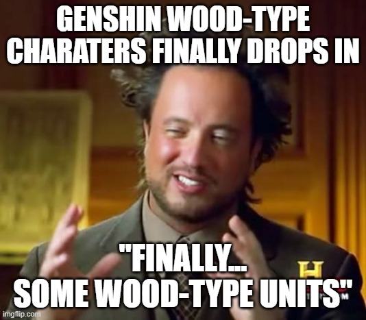 Genshin finally drop Wood-Types Heroes! (including the Archon for it) | GENSHIN WOOD-TYPE CHARATERS FINALLY DROPS IN; "FINALLY... SOME WOOD-TYPE UNITS" | image tagged in memes,ancient aliens,genshin impact | made w/ Imgflip meme maker