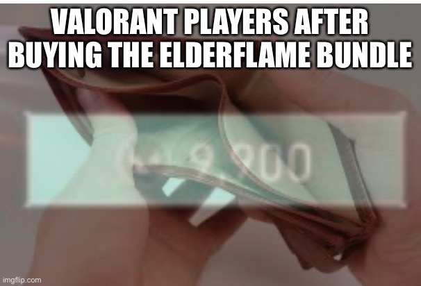 1000 valorant points are 10 bucks. So the entire skin bundle is basically $100 | VALORANT PLAYERS AFTER BUYING THE ELDERFLAME BUNDLE | made w/ Imgflip meme maker