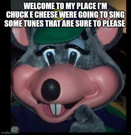 Chuck e cheese says his line | WELCOME TO MY PLACE I'M CHUCK E CHEESE WERE GOING TO SING SOME TUNES THAT ARE SURE TO PLEASE | image tagged in funny memes | made w/ Imgflip meme maker