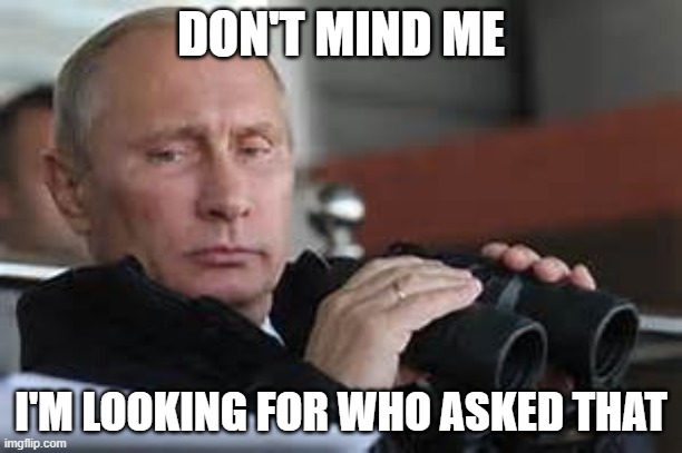 Putin Binoculars | DON'T MIND ME; I'M LOOKING FOR WHO ASKED THAT | image tagged in putin binoculars | made w/ Imgflip meme maker