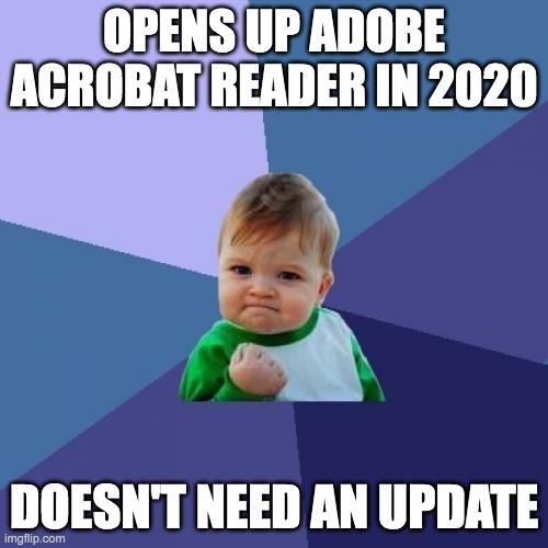 Success Kid Meme |  OPENS UP ADOBE ACROBAT READER IN 2020; DOESN'T NEED AN UPDATE | image tagged in memes,success kid | made w/ Imgflip meme maker