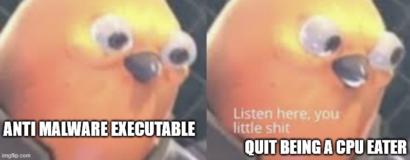 Listen here you little shit bird | ANTI MALWARE EXECUTABLE; QUIT BEING A CPU EATER | image tagged in listen here you little shit bird | made w/ Imgflip meme maker