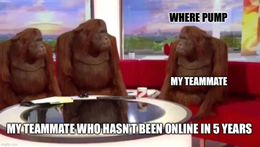 Your Teammate Who Hasn’t been Online In 5 Years Be Like | WHERE PUMP; MY TEAMMATE; MY TEAMMATE WHO HASN’T BEEN ONLINE IN 5 YEARS | image tagged in where monkey | made w/ Imgflip meme maker