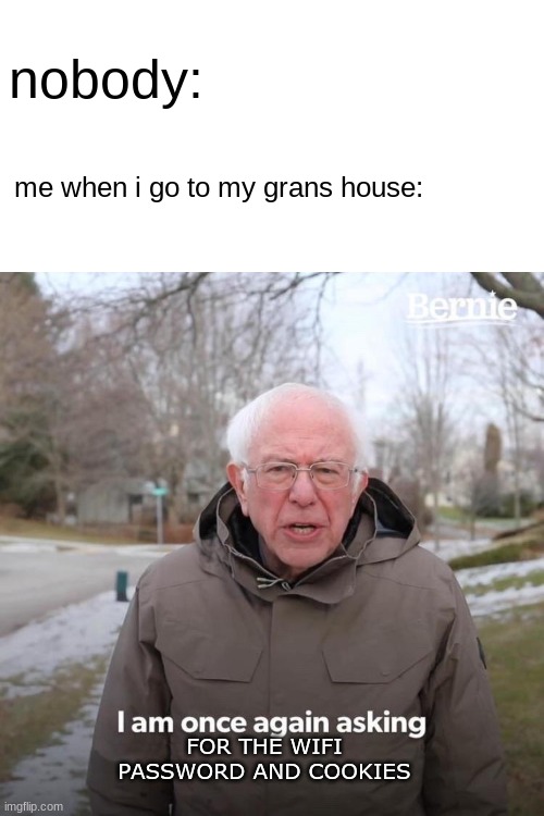 Bernie I Am Once Again Asking For Your Support Meme | nobody:; me when i go to my grans house:; FOR THE WIFI PASSWORD AND COOKIES | image tagged in memes,bernie i am once again asking for your support | made w/ Imgflip meme maker