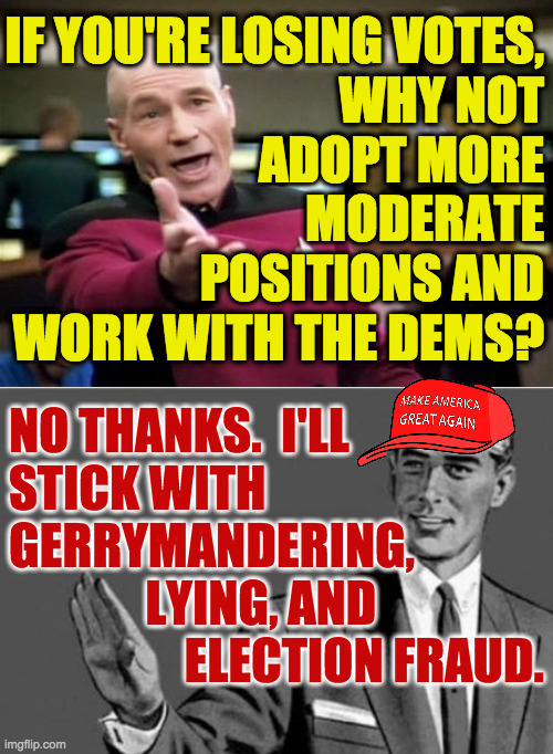Conservatives to the end. | IF YOU'RE LOSING VOTES,
WHY NOT
ADOPT MORE
MODERATE
POSITIONS AND
WORK WITH THE DEMS? NO THANKS.  I'LL
STICK WITH
GERRYMANDERING,
              LYING, AND
                  ELECTION FRAUD. | image tagged in startrek,no thanks,conservatives,how things work | made w/ Imgflip meme maker