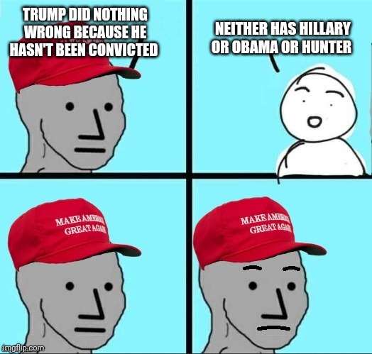 Some more trumper logic | NEITHER HAS HILLARY OR OBAMA OR HUNTER; TRUMP DID NOTHING WRONG BECAUSE HE HASN'T BEEN CONVICTED | image tagged in concerned maga npc | made w/ Imgflip meme maker