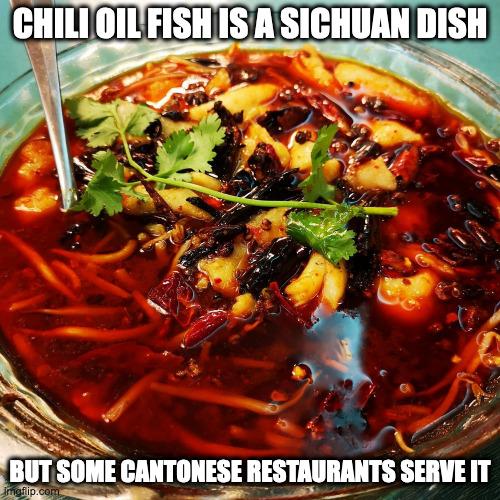 Chili Oil Fish | CHILI OIL FISH IS A SICHUAN DISH; BUT SOME CANTONESE RESTAURANTS SERVE IT | image tagged in food,memes | made w/ Imgflip meme maker