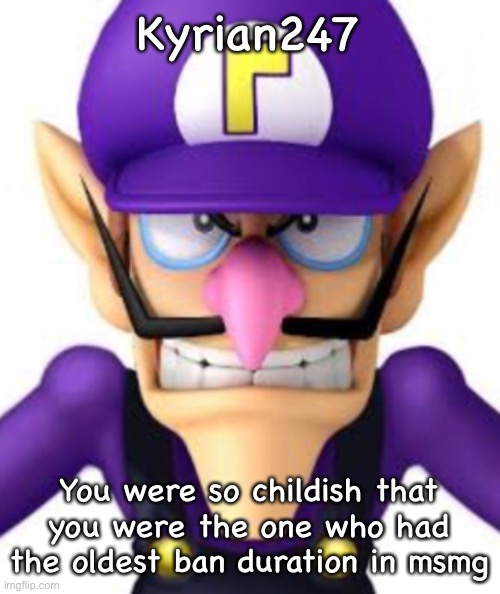 Kyrian247; You were so childish that you were the one who had the oldest ban duration in msmg | image tagged in waluigi facing front | made w/ Imgflip meme maker