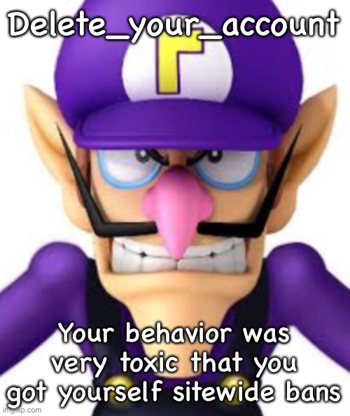 Delete_your_account; Your behavior was very toxic that you got yourself sitewide bans | image tagged in waluigi facing front | made w/ Imgflip meme maker