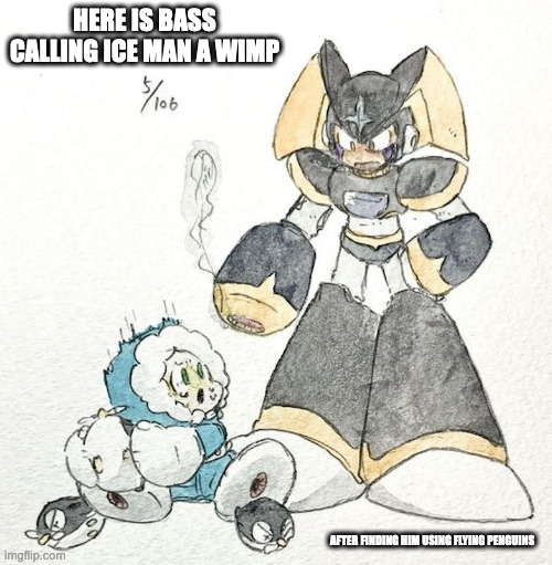 Ice Man and Bass | HERE IS BASS CALLING ICE MAN A WIMP; AFTER FINDING HIM USING FLYING PENGUINS | image tagged in iceman,bass,megaman,memes | made w/ Imgflip meme maker