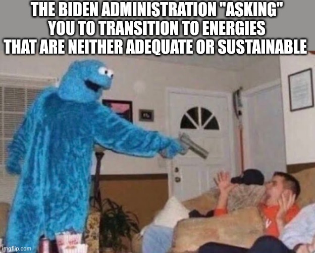 Nor Green | THE BIDEN ADMINISTRATION "ASKING" YOU TO TRANSITION TO ENERGIES THAT ARE NEITHER ADEQUATE OR SUSTAINABLE | image tagged in cookie monster | made w/ Imgflip meme maker