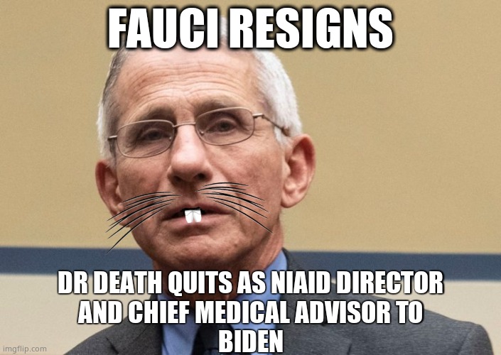 Fauci quits | FAUCI RESIGNS; DR DEATH QUITS AS NIAID DIRECTOR
AND CHIEF MEDICAL ADVISOR TO
BIDEN | image tagged in memes,dr fauci,quit,joe biden,covid,political meme | made w/ Imgflip meme maker