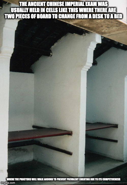 Ancient Chinese Imperial Examination Cells | THE ANCIENT CHINESE IMPERIAL EXAM WAS USUALLY HELD IN CELLS LIKE THIS WHERE THERE ARE TWO PIECES OF BOARD TO CHANGE FROM A DESK TO A BED; WHERE THE PROCTORS WILL WALK AROUND TO PREVENT PREVALENT CHEATING DUE TO ITS COMPETIVENESS | image tagged in exams,memes | made w/ Imgflip meme maker