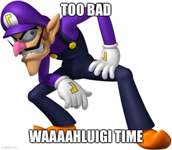 TOO BAD! WALUIGI TIME! | TOO BAD WAAAAHLUIGI TIME | image tagged in too bad waluigi time | made w/ Imgflip meme maker