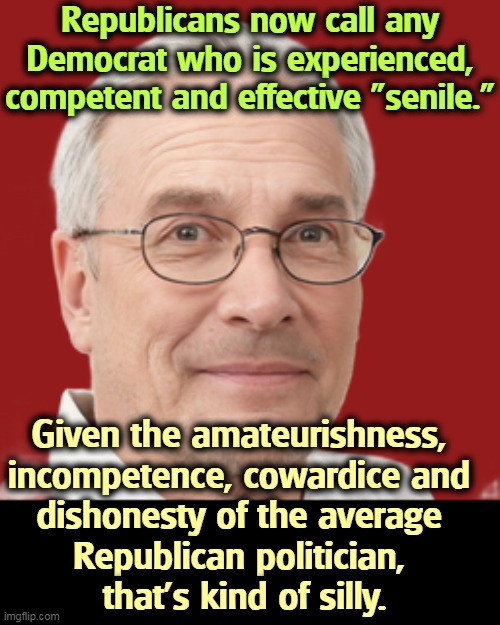 Republicans now call any Democrat who is experienced, competent and effective "senile."; Given the amateurishness, 
incompetence, cowardice and 

dishonesty of the average 
Republican politician, 
that's kind of silly. | image tagged in democrat,experienced,professional,republican,amateurs,cowards | made w/ Imgflip meme maker