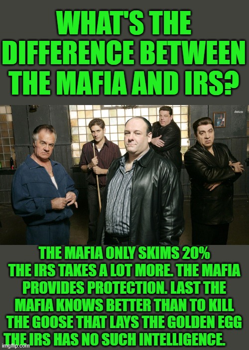 got to love the goverment | WHAT'S THE DIFFERENCE BETWEEN THE MAFIA AND IRS? THE MAFIA ONLY SKIMS 20% THE IRS TAKES A LOT MORE. THE MAFIA PROVIDES PROTECTION. LAST THE MAFIA KNOWS BETTER THAN TO KILL THE GOOSE THAT LAYS THE GOLDEN EGG THE IRS HAS NO SUCH INTELLIGENCE. | image tagged in democrats | made w/ Imgflip meme maker