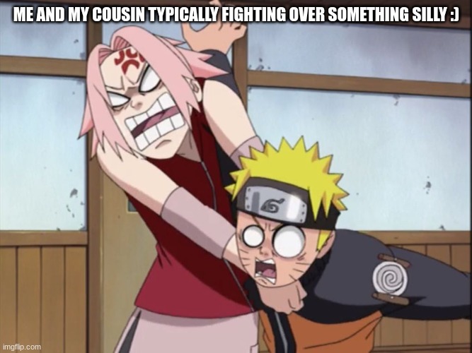 naruto and sakura | ME AND MY COUSIN TYPICALLY FIGHTING OVER SOMETHING SILLY :) | image tagged in naruto and sakura | made w/ Imgflip meme maker