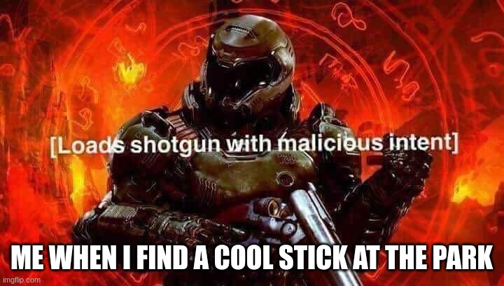 Loads shotgun with malicious intent | ME WHEN I FIND A COOL STICK AT THE PARK | image tagged in loads shotgun with malicious intent | made w/ Imgflip meme maker