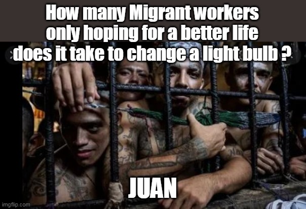 How many Migrant workers only hoping for a better life does it take to change a light bulb ? JUAN | made w/ Imgflip meme maker