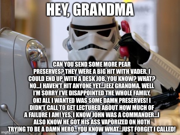 Storm Trooper telephone  |  HEY, GRANDMA; CAN YOU SEND SOME MORE PEAR PRESERVES? THEY WERE A BIG HIT WITH VADER. I COULD END UP WITH A DESK JOB, YOU KNOW? WHAT? NO…I HAVEN’T HIT ANYONE YET…JEEZ GRANDMA. WELL I’M SORRY I’VE DISAPPOINTED THE WHOLE FAMILY, OK! ALL I WANTED WAS SOME DAMN PRESERVES! I DIDN’T CALL TO GET LECTURED ABOUT HOW MUCH OF A FAILURE I AM! YES, I KNOW JOHN WAS A COMMANDER…I ALSO KNOW HE GOT HIS ASS VAPORIZED ON HOTH TRYING TO BE A DAMN HERO…YOU KNOW WHAT…JUST FORGET I CALLED! | image tagged in storm trooper telephone | made w/ Imgflip meme maker