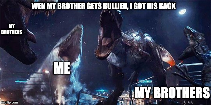Backups be like | WEN MY BROTHER GETS BULLIED, I GOT HIS BACK; MY BROTHERS; ME; MY BROTHERS | image tagged in siblings,big trouble,bullying,destroy,me,fights | made w/ Imgflip meme maker
