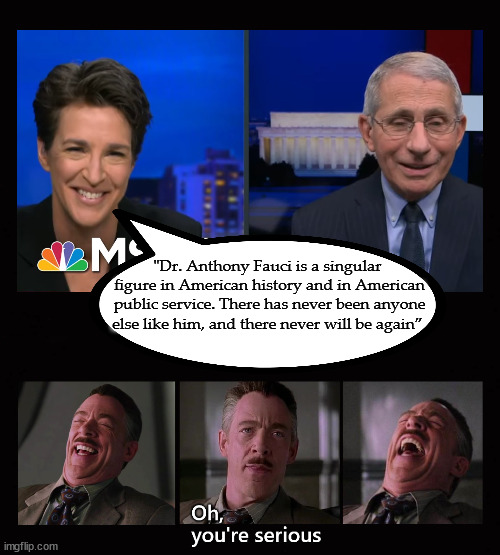 Maddow on Fauci | "Dr. Anthony Fauci is a singular 
figure in American history and in American
public service. There has never been anyone
else like him, and there never will be again” | image tagged in rachel maddow,anthony fauci | made w/ Imgflip meme maker